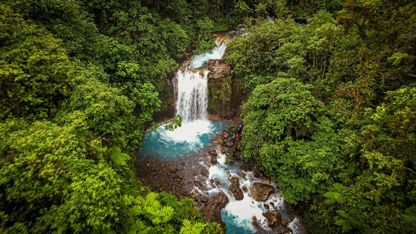 Dramatic waterfall in a volcanic canyon in Bajos del Toro, Costa Rica